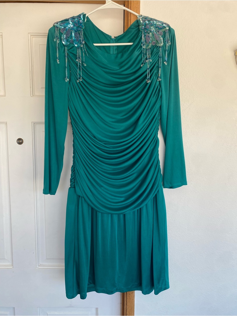 Vintage Teal Long-Sleeve Draped Dress with Beaded Shoulders
